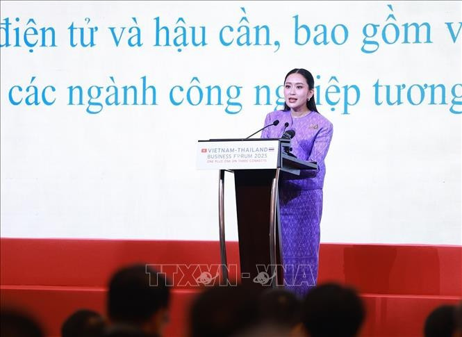 Thủ tướng Vương quốc Thái Lan Lan Paetongtarn Shinawatra phát biểu tại Diễn đàn doanh nghiệp Việt Nam - Thái Lan năm 2025. (Ảnh: Dương Giang/TTXVN) Thủ tướng Vương quốc Thái Lan Lan Paetongtarn Shinawatra phát biểu tại Diễn đàn doanh nghiệp Việt Nam - Thái Lan năm 2025. (Ảnh: Dương Giang/TTXVN)