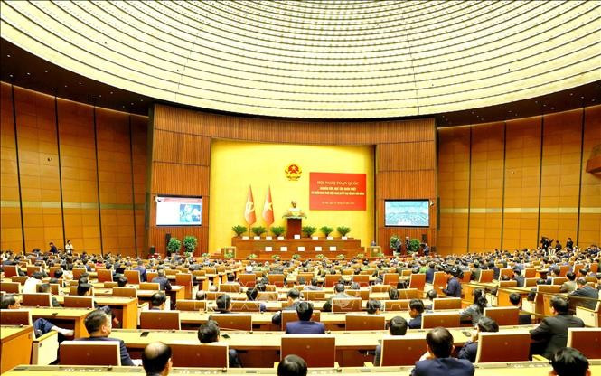 Quang cảnh hội nghị tại điểm cầu chính Hội trường Diên Hồng, Nhà Quốc hội. Ảnh: Phương Hoa/TTXVN