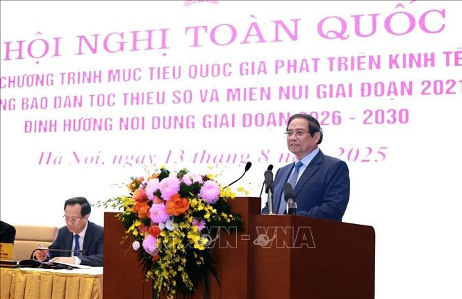 Thủ tướng Phạm Minh Chính phát biểu tại Hội nghị toàn quốc Tổng kết Chương trình mục tiêu quốc gia phát triển kinh tế - xã hội vùng đồng bào dân tộc thiểu số. (Ảnh: Dương Giang/TTXVN) Thủ tướng Phạm Minh Chính phát biểu tại Hội nghị toàn quốc Tổng kết Chương trình mục tiêu quốc gia phát triển kinh tế - xã hội vùng đồng bào dân tộc thiểu số. (Ảnh: Dương Giang/TTXVN)