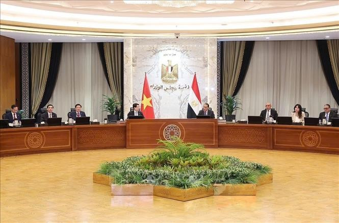 Chủ tịch nước Lương Cường hội kiến Thủ tướng Ai Cập Mostafa Madbouly. (Ảnh: Lâm Khánh/TTXVN) img-4126.jpg
