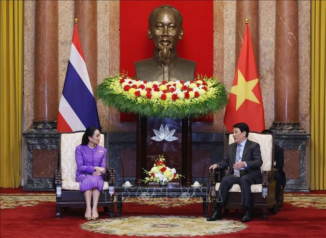 Chủ tịch nước Lương Cường tiếp Thủ tướng Thái Lan Paetongtarn Shinawatra. (Ảnh: Lâm Khánh/TTXVN) Chủ tịch nước Lương Cường tiếp Thủ tướng Thái Lan Paetongtarn Shinawatra. (Ảnh: Lâm Khánh/TTXVN)