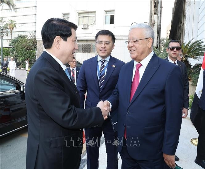 Chủ tịch Hạ viện Ai Cập Hanafy El-Gebaly đón Chủ tịch nước Lương Cường. (Ảnh: Lâm Khánh/TTXVN)