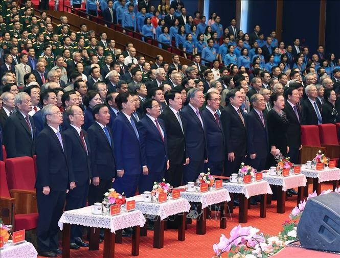 Tổng Bí thư Tô Lâm và các lãnh đạo, nguyên lãnh đạo Đảng, Nhà nước cùng các đại biểu dự Lễ kỷ niệm 80 năm thành lập Chính phủ. Ảnh: Thống Nhất/TTXVN
