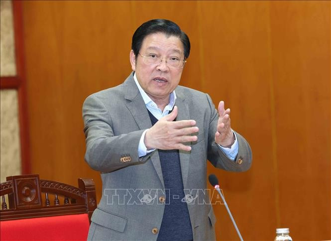 Đồng chí Phan Đình Trạc, Uỷ viên Bộ Chính trị, Bí thư Trung ương Đảng, Trưởng Ban Nội chính Trung ương phát biểu tại buổi làm việc. Ảnh: Phương Hoa/TTXVN