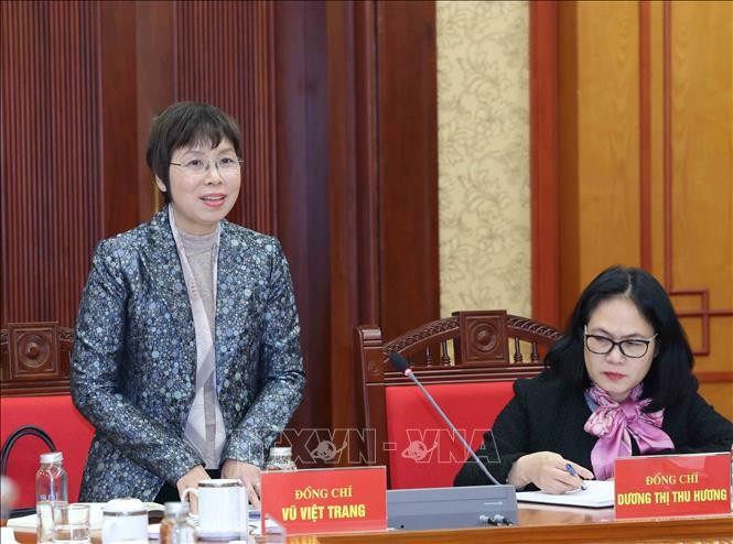 Đồng chí Vũ Việt Trang, Tổng Giám đốc Thông tấn xã Việt Nam phát biểu tại buổi làm việc. Ảnh: Phương Hoa/TTXVN