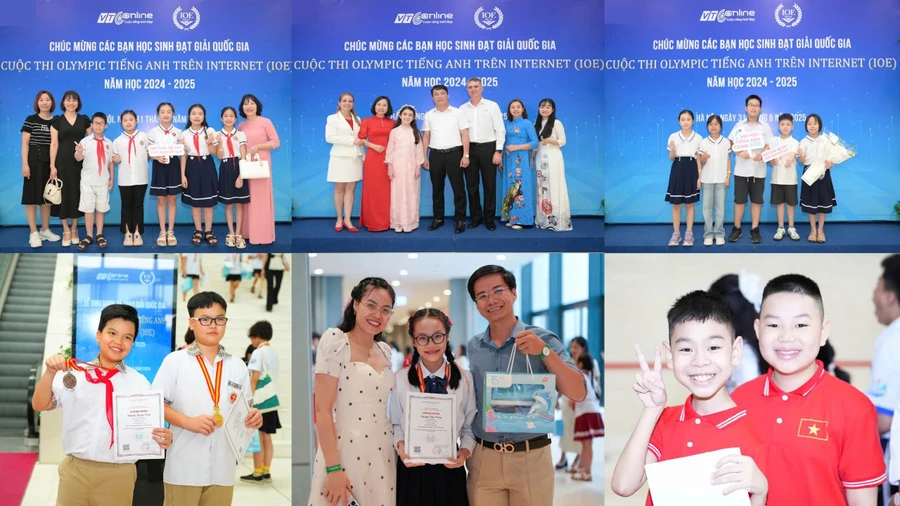 Các em học sinh, phụ huynh và thầy cô giáo từ khắp mọi miền Tổ quốc tham dự Lễ vinh danh IOE trong không khí vui tươi, phấn khởi.