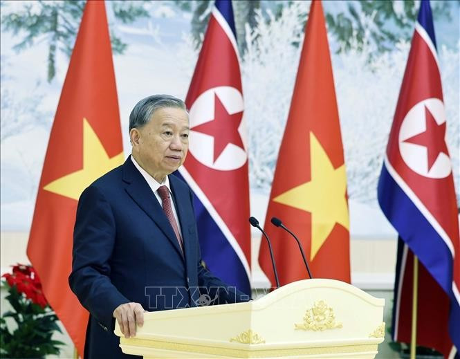 Tổng Bí thư Tô Lâm phát biểu tại Tiệc chiêu đãi cấp Nhà nước. Ảnh: Thống Nhất/TTXVN Tổng Bí thư Tô Lâm phát biểu tại Tiệc chiêu đãi cấp Nhà nước. Ảnh: Thống Nhất/TTXVN
