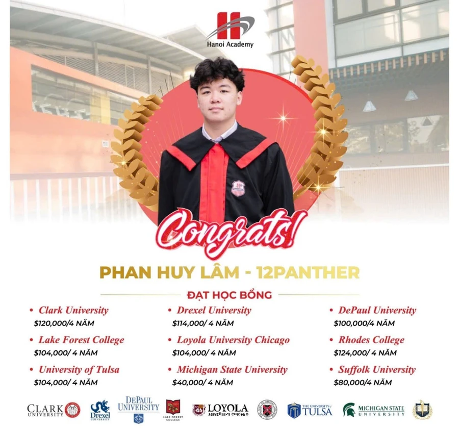 Em Phan Huy Lâm - học sinh khối 12 trường Hanoi Academy với nhiều học bổng từ các trường đại học hàng đầu tại Anh, Úc, Mỹ, Thụy Sỹ.