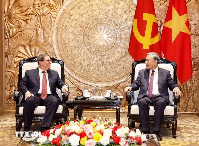 Tổng Bí thư Tô Lâm tiếp thân mật đồng chí Bruno Rodríguez Parrilla, Đặc phái viên Đảng Cộng sản Cuba, Nhà nước Cộng hòa Cuba, Ủy viên Bộ Chính trị, Bộ trưởng Ngoại giao Cuba. (Ảnh: Thống Nhất/TTXVN)