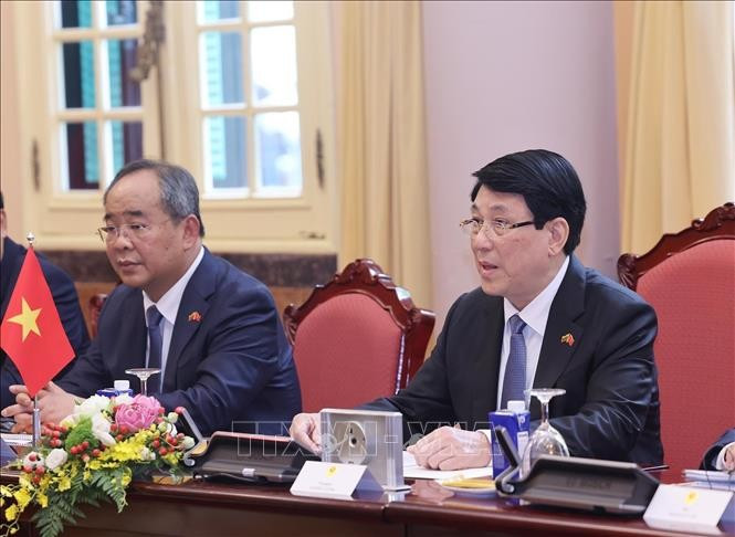 Chủ tịch nước Lương Cường phát biểu tại hội đàm. Chủ tịch nước Lương Cường phát biểu tại hội đàm.
