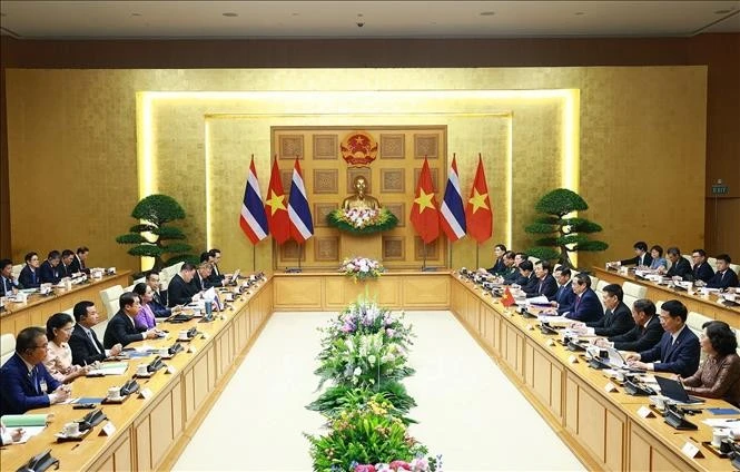 Thủ tướng Phạm Minh Chính và Thủ tướng Thái Lan Paetongtarn Shinawatra đồng chủ trì Kỳ họp lần thứ tư Nội các chung Việt Nam – Thái Lan. (Ảnh: Dương Giang/TTXVN)