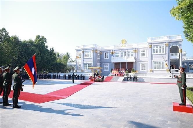 Lễ đón Tổng Bí thư Tô Lâm thăm cấp Nhà nước tới CHDCND Lào. Ảnh: Dương Giang/TTXVN