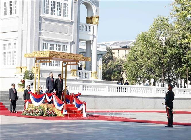 Lễ đón Tổng Bí thư Tô Lâm thăm cấp Nhà nước tới CHDCND Lào. Ảnh: Thống Nhất/TTXVN