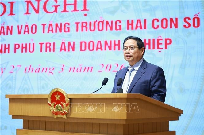 Thủ tướng Phạm Minh Chính chủ trì Hội nghị Doanh nghiệp góp phần vào tăng trưởng hai con số và Thủ tướng Chính phủ tri ân doanh nghiệp. Ảnh: Dương Giang/TTXVN