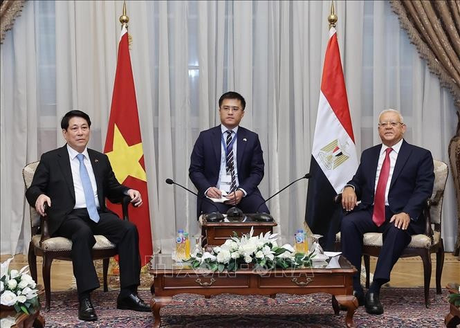 Chủ tịch nước Lương Cường hội kiến Chủ tịch Hạ viện Ai Cập Hanafy El-Gebaly. (Ảnh: Lâm Khánh/TTXVN) Chủ tịch nước Lương Cường hội kiến Chủ tịch Hạ viện Ai Cập Hanafy El-Gebaly. (Ảnh: Lâm Khánh/TTXVN)