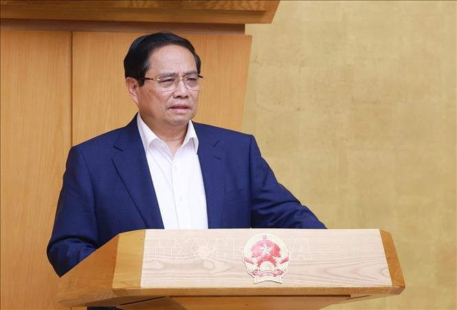 Thủ tướng Phạm Minh Chính chủ trì Phiên họp Chính phủ chuyên đề về xây dựng pháp luật tháng 5 năm 2025. (Ảnh: Dương Giang/TTXVN)