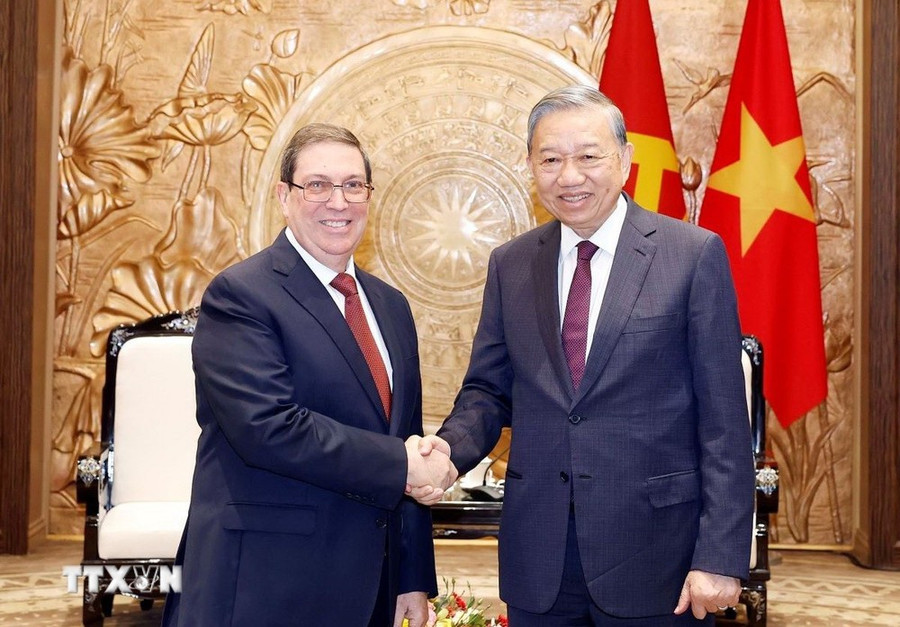 Tổng Bí thư Tô Lâm tiếp thân mật đồng chí Bruno Rodríguez Parrilla, Đặc phái viên Đảng Cộng sản Cuba, Nhà nước Cộng hòa Cuba, Ủy viên Bộ Chính trị, Bộ trưởng Ngoại giao Cuba. (Ảnh: Thống Nhất/TTXVN)