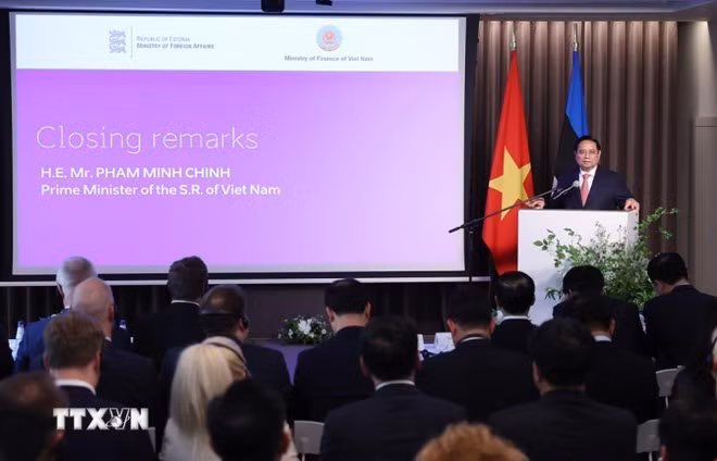 Thủ tướng Phạm Minh Chính phát biểu tại Diễn đàn doanh nghiệp Việt Nam-Estonia. (Ảnh: Dương Giang/TTXVN)