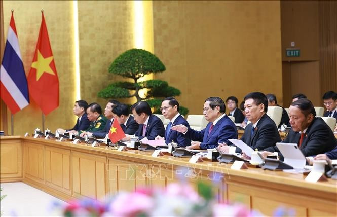 Thủ tướng Phạm Minh Chính phát biểu tại Kỳ họp lần thứ 4 Nội các chung Việt Nam - Thái Lan. (Ảnh: Dương Giang/TTXVN)