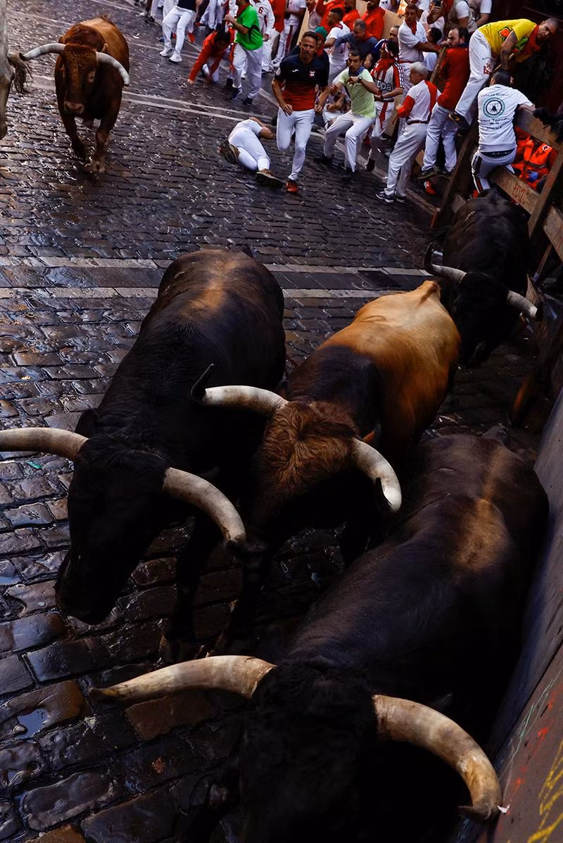 Những người tham gia cuộc đua bò tót tại lễ hội San Fermin ở Pamplona, Tây Ban Nha. REUTERS/Susana Vera chay-dua-voi-bo-tot-quanh-duong-pho-pamlona-05.jpg