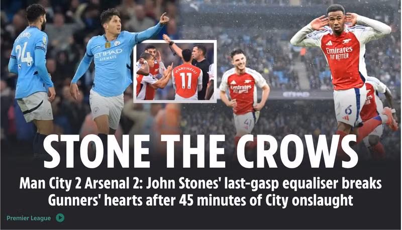 Man City trong thế hơn người từ cuối hiệp một nhưng chỉ có thể giật về 1 điểm ở phút bù giờ cuối cùng. 1.png
