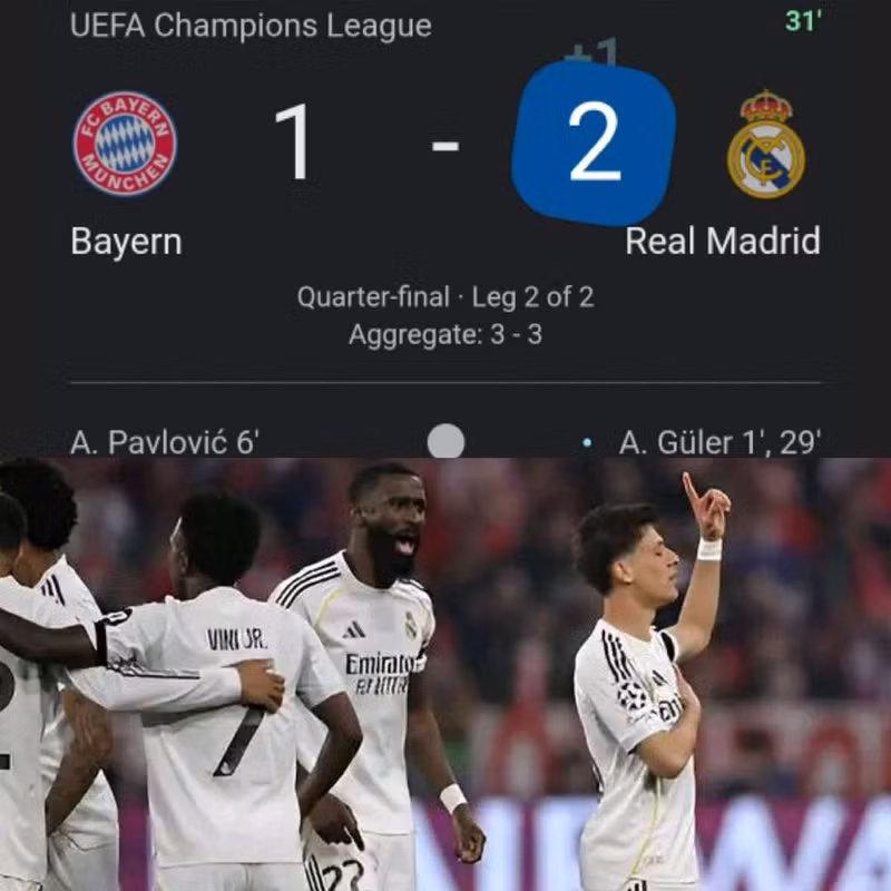 Tỷ số chung cuộc lại được quân bình 3-3 khi Arda Guler hoàn tất cú đúp cá nhân, đưa Real Madrid lần thứ hai trong trận đấu này vươn lên dẫn trước ở phút 29. bayern-munich-8.jpg