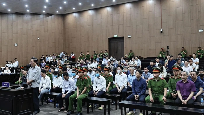 Các bị cáo tại phiên xét xử. Ảnh: Hồng Nguyên