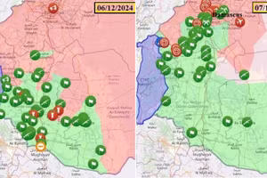 Bản đồ chiến sự ngày 06 và 07/12 cho thấy rõ bước tiến rất nhanh của phiến quân áp sát thủ đô Damascus