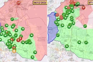 Bản đồ chiến sự ngày 06 và 07/12 cho thấy rõ bước tiến rất nhanh của phiến quân áp sát thủ đô Damascus