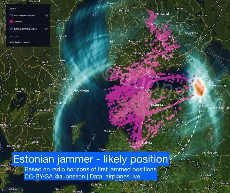 Khu vực bị gây nhiễu điện tử ghi nhận tại Estonia. Khu vực bị gây nhiễu điện tử ghi nhận tại Estonia.