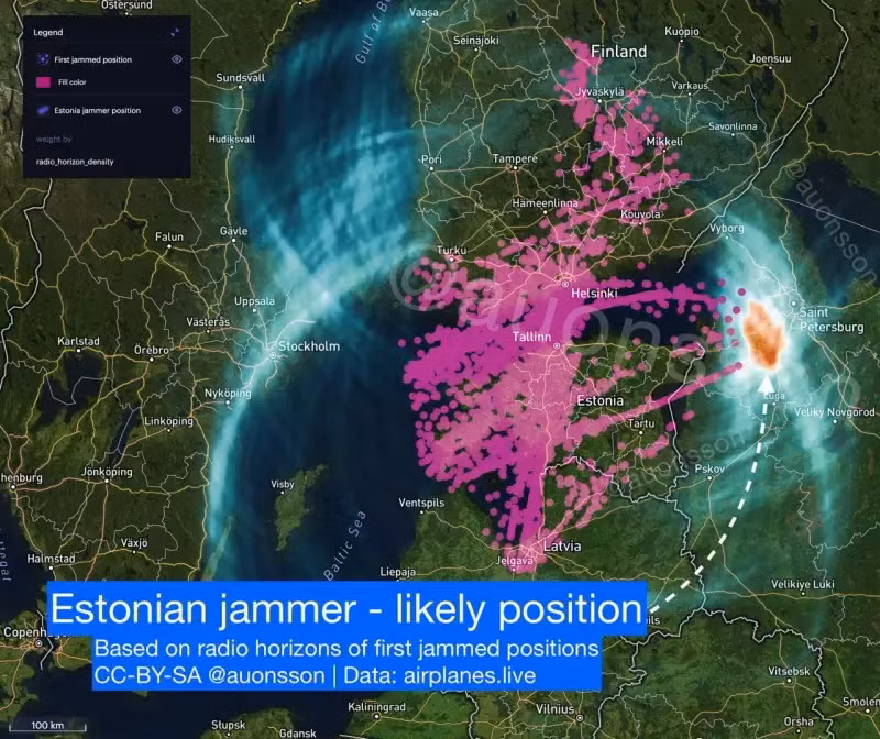 Khu vực bị gây nhiễu điện tử ghi nhận tại Estonia. Khu vực bị gây nhiễu điện tử ghi nhận tại Estonia.