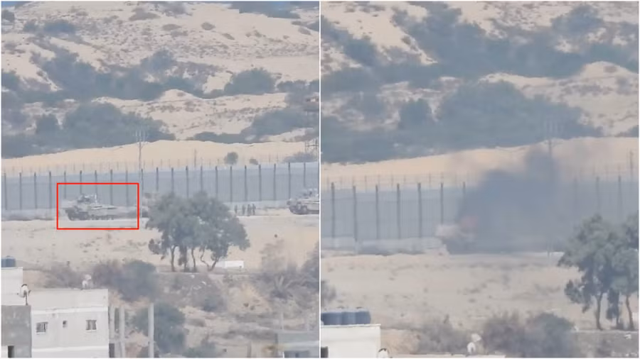 Xe thiết giáp Namer của Israel bị trúng tên lửa HJ-8 do các tay súng Hamas phóng đi.