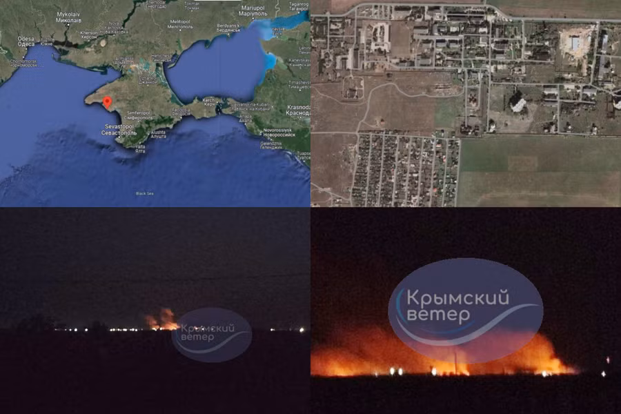 Đám cháy lớn tại trung tâm liên lạc không gian của Quân đội Nga ở làng Vitine thuộc bán đảo Crimea. Đám cháy lớn tại trung tâm liên lạc không gian của Quân đội Nga ở làng Vitine thuộc bán đảo Crimea.