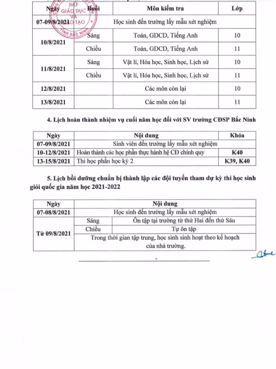 Lịch kiểm tra đối với lớp 10 và lớp 11 .