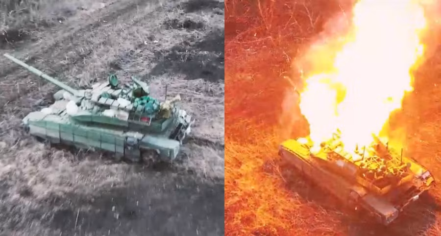 Xe tăng chiến đấu chủ lực T-90M Proryv bị UAV Mavic Ukraine thả lựu đạn phá hủy.