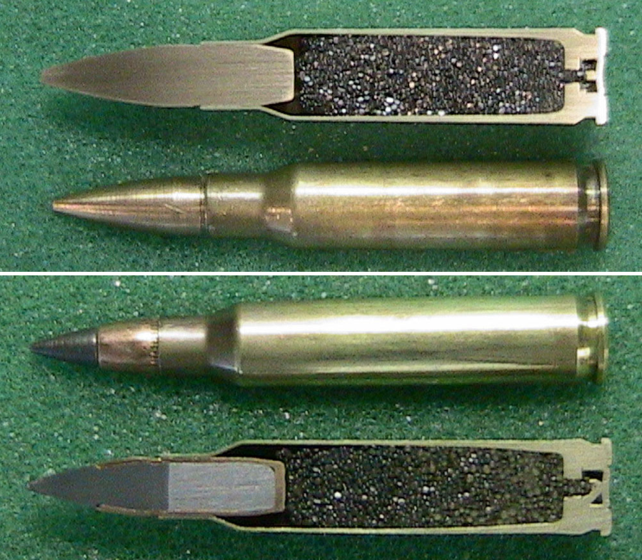 Lõi đạn một thành phần (trên) và đa thành phần (dưới).