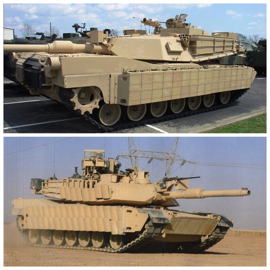 Các khối giáp phản ứng nổ M19 (phía trên) và M32 (phía dưới) gắn bên hông xe tăng M1 Abrams.