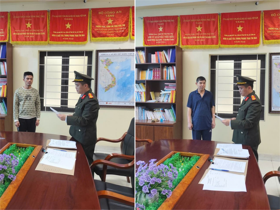 Cơ quan Công an khởi tố Lục Văn Hương và Trần Quốc Nghĩa. Ảnh: Công an tỉnh Phú Thọ