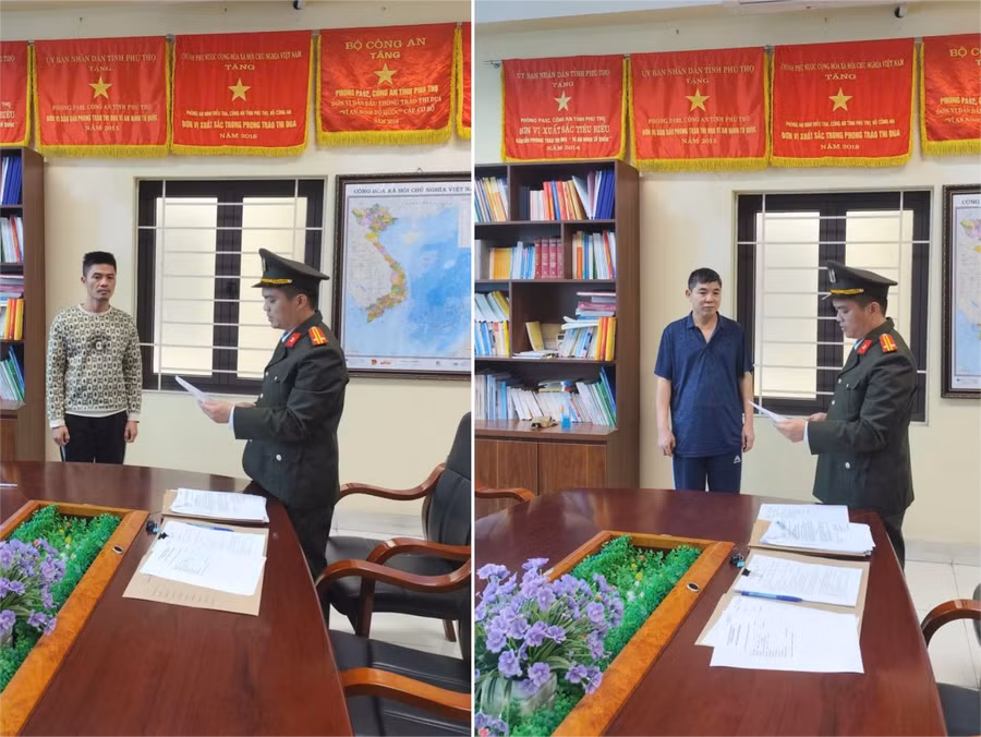 Cơ quan Công an khởi tố Lục Văn Hương và Trần Quốc Nghĩa. Ảnh: Công an tỉnh Phú Thọ