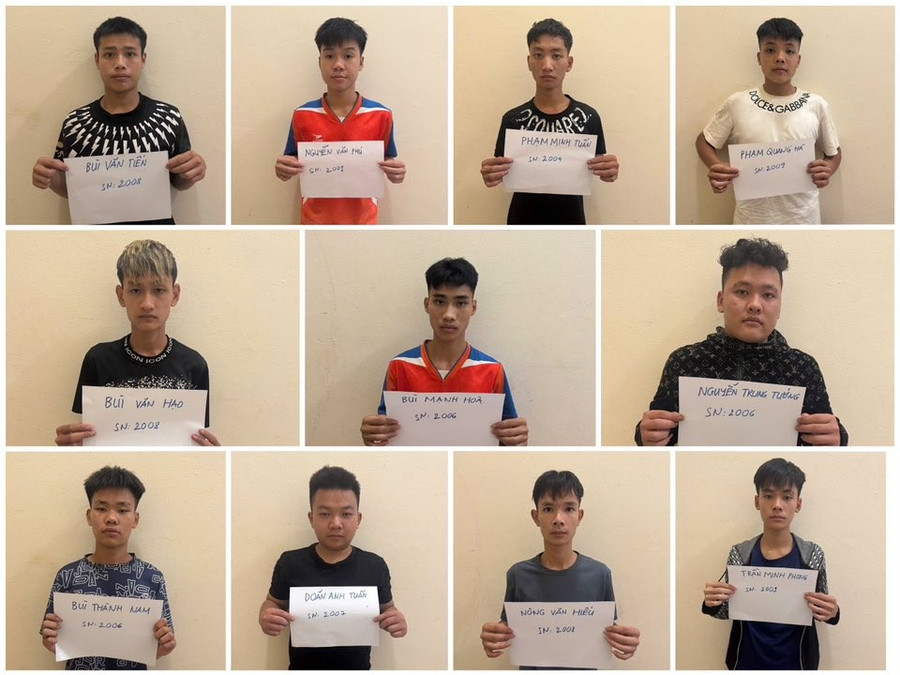 Nhóm thanh, thiếu niên bị tạm giữ để điều tra hành vi gây rối trật tự công cộng. Ảnh: Công an Phú Thọ 