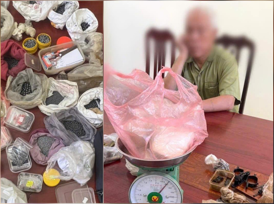 Ông Phi tại trụ sở cơ quan Công an cùng số thuốc súng, đạn chì bị thu giữ.