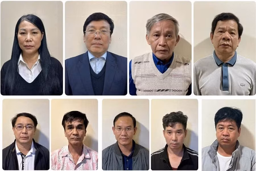 Các bị can (từ trái qua, từ trên xuống): Hoàng Thị Thúy Lan, Lê Duy Thành, Cao Khoa, Đặng Văn Minh, Hà Hoàng Việt Phương, Phạm Ngọc Thủy, Lê Quốc Đạt, Phạm Ngọc Cương, Đặng Trung Hoành. (Ảnh: HNM)