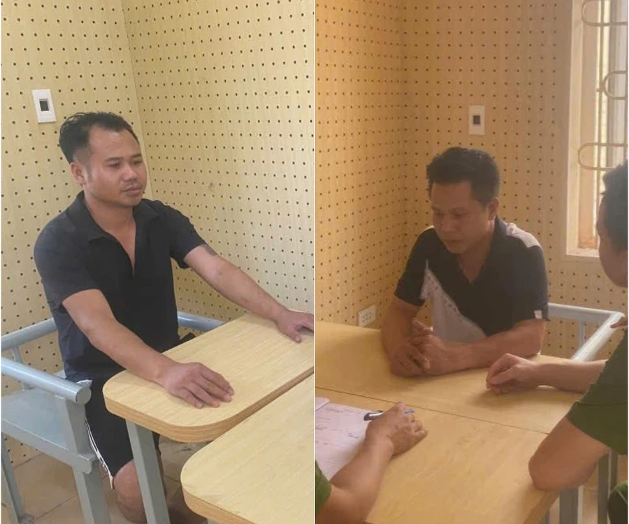 Nguyễn Văn Hưởng và La Văn Tuấn tại cơ quan công an. Ảnh: Công an Vĩnh Phúc