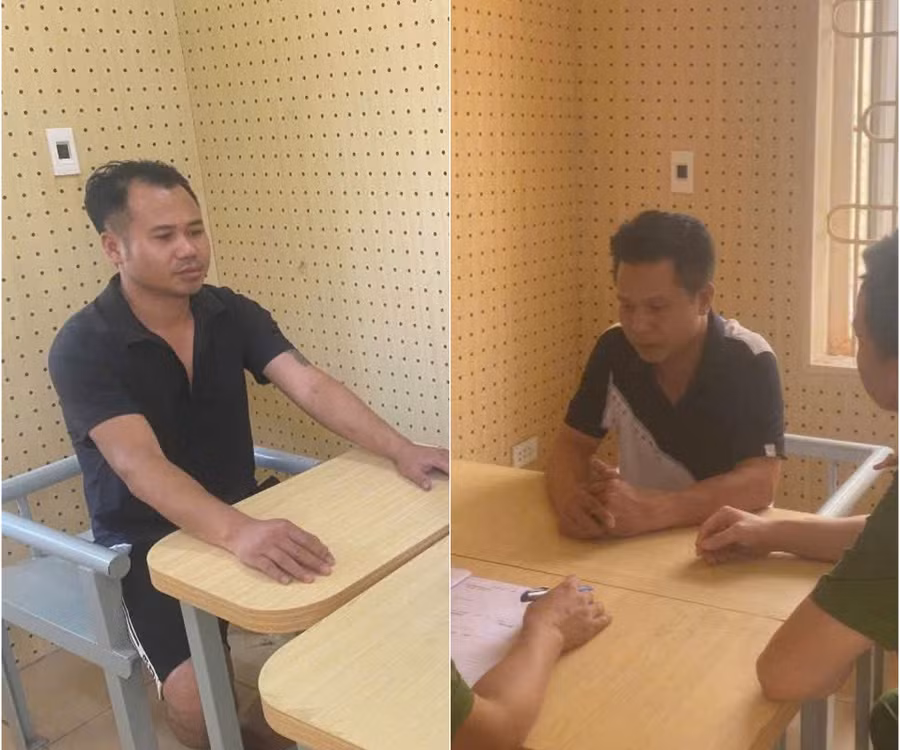 Nguyễn Văn Hưởng và La Văn Tuấn tại cơ quan công an. Ảnh: Công an Vĩnh Phúc