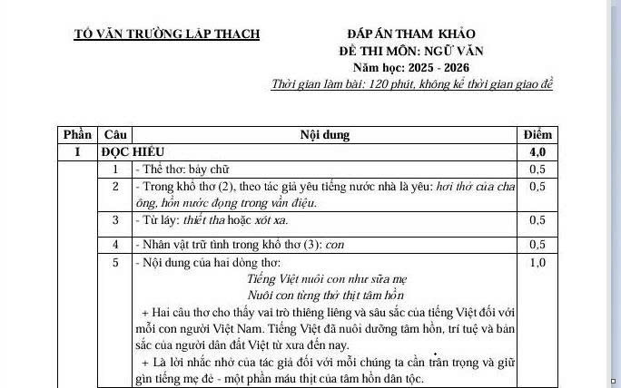 Đáp án tham khảo đề thi môn Ngữ văn vào lớp 10 năm học 2025-2026 tỉnh Vĩnh Phúc.