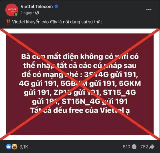 Trang chủ Facebook của nhà mạng Viettel cảnh báo người dùng về tin giả nhập cú pháp gửi 191 để dùng mạng miễn phí.