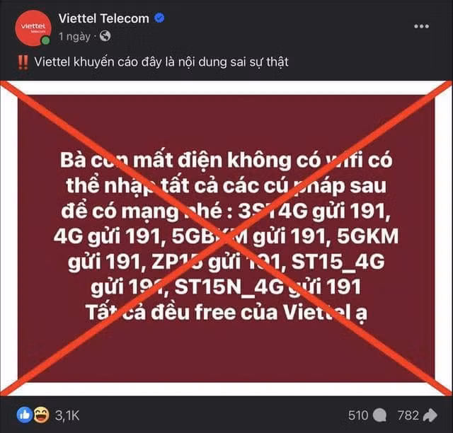 Trang chủ Facebook của nhà mạng Viettel cảnh báo người dùng về tin giả nhập cú pháp gửi 191 để dùng mạng miễn phí.