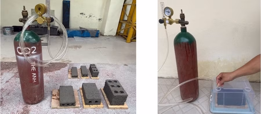 Quá trình dẫn khí CO2 vào trong thùng dưỡng hộ mẫu sản phẩm sau khi tạo hình.