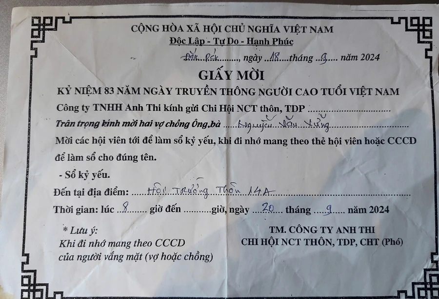 Công ty TNHH in ấn Anh Thi gửi giấy mời hội viên Hội Người cao tuổi đến làm sổ kỷ yếu.