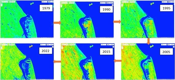 Cửa sông Cửa Hội giai đoạn 1979 - 2022 qua ảnh vệ tinh.